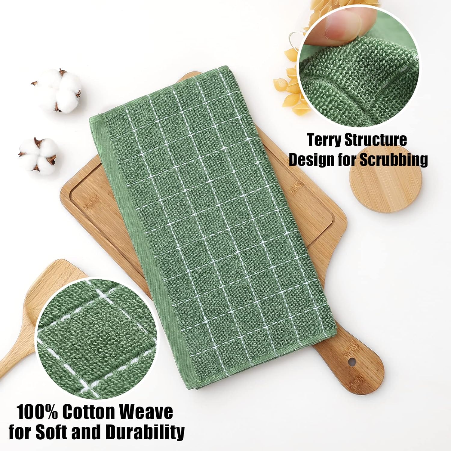 Homaxy 100% Cotton Terry Kitchen Dish Cloths, Ultra Soft and Absorbent Dish Towels for Kitchen, Suitable for Drying and Washing Dishes, 6 Pack, 12 x 12 Inches, Grass Green