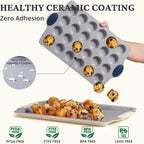 BRONYPRO Ceramic Mini Muffin Pan, 24-Cup Nonstick Aluminized Steel Cupcake Pans, Healthy Non-Toxic Ceramic Coating Mini Muffin Tin, 1Pack Cup Cake Pans for Baking Blue