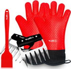 Walfos Silicone BBQ Gloves - Heat Resistant Grilling Gloves Set with Pork Shredder Claws & Brush, Non-Slip Kitchen Silicone Oven Mitt with Protective Cotton Layer, Suit for Indoor & Outdoor, Red