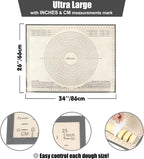 Silicone Pastry Mat 34'' By 26'' Extra Large Baking Mat with Measurements for Dough Rolling, Kneading Board, Kitchen Counter Mats for Dough, Pastry, Fondant, Pie Crust, Cookies, Bread, Pasta, Pizza