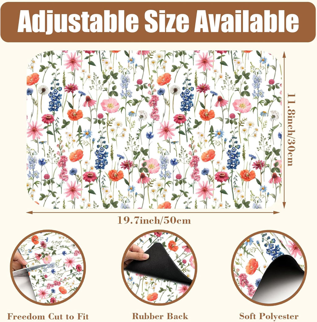 Watercolor Flowers Coffee Mat Absorbent Dish Drying Mat for Kitchen Counter Hide Stain Rubber Backed Coffee Bar Accessories Fit Under Espresso Machine Dish Rack 11.8 x 19.7 Inch