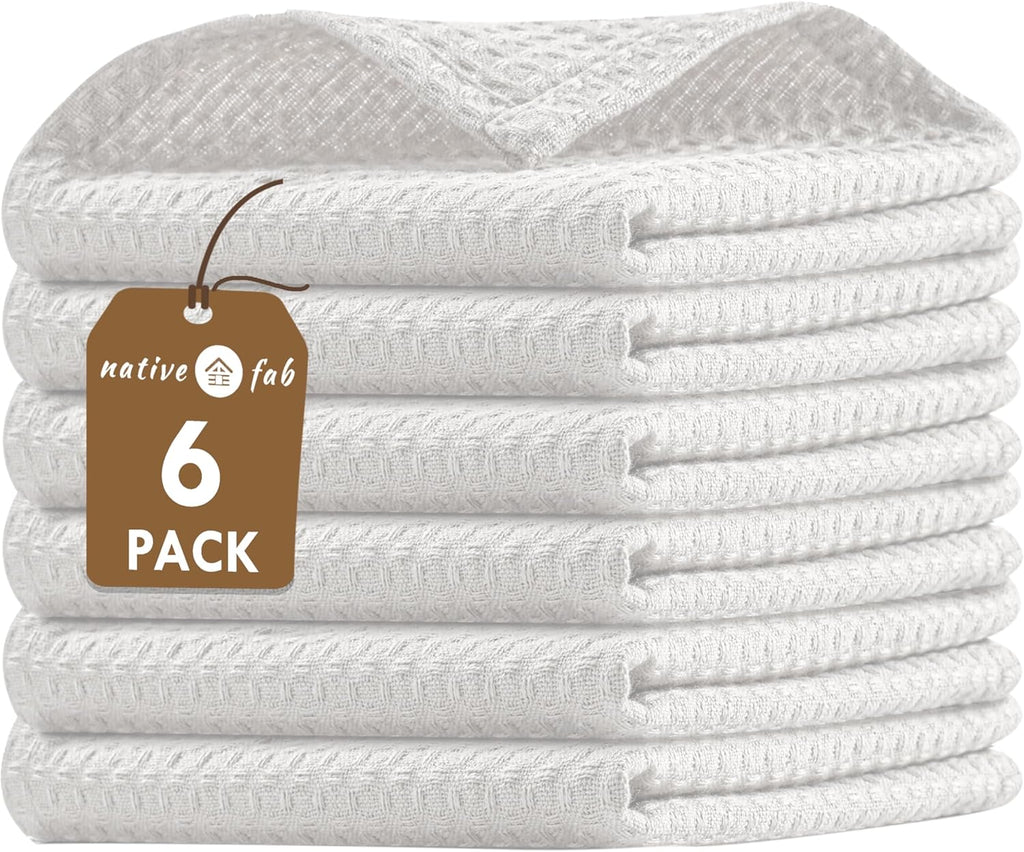 Native Fab 6 Pack Waffle Dish Cloths - 100% Cotton, Absorbent, Quick Drying & Soft Towels for Cleaning, Cooking & Baking - Ideal for Home, Restaurants & Cafes - 12x12 Inches - White