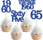 Gyufise 24Pcs Vintage 1960 Cupcake Toppers Glitter Cheers to 65 Fabulous Sixty Five Cupcake Picks 65th Birthday Wedding Anniversary Party Cake Decorations Supplies Deep Blue