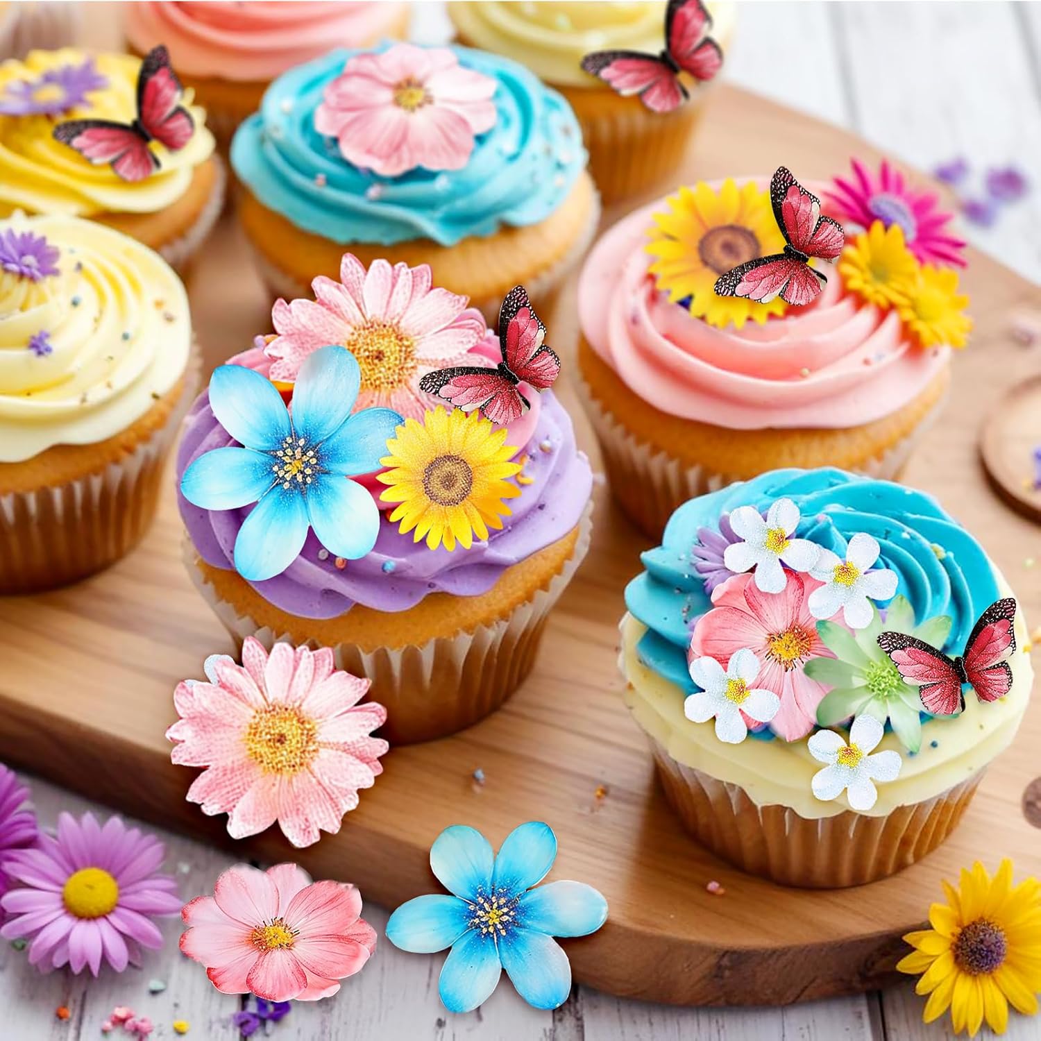 55 Pcs Edible Flowers & Butterflies Cake Decorations - Cupcake Toppers for Wedding, Birthday Party Food (Mixed Size & Colour)