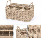 Wicker Party Silverware Caddy, Seagrass Plastic Cutlery Utensil Holder, Hand Woven with Handles, Kitchen Countertop and Picnic flatware Organizer (4 compartments)