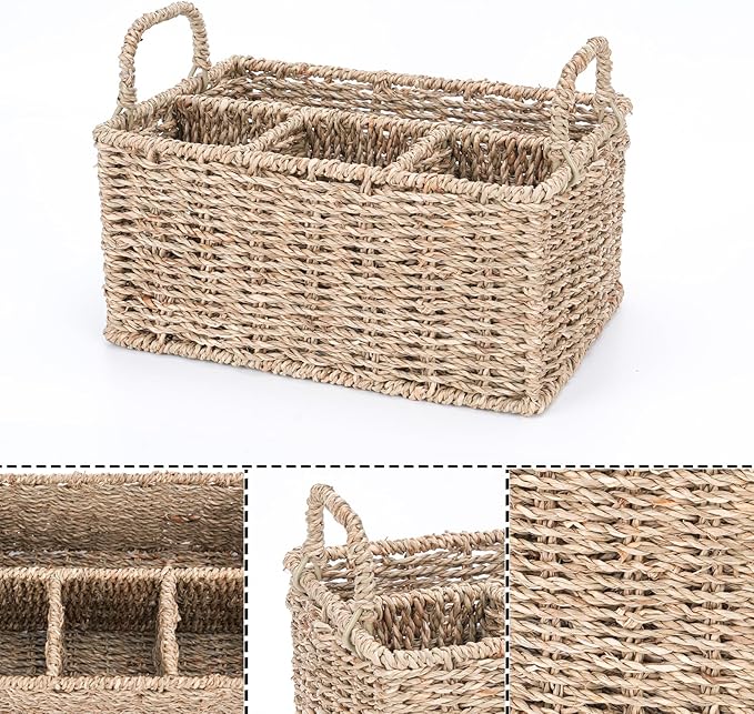 Wicker Party Silverware Caddy, Seagrass Plastic Cutlery Utensil Holder, Hand Woven with Handles, Kitchen Countertop and Picnic flatware Organizer (4 compartments)