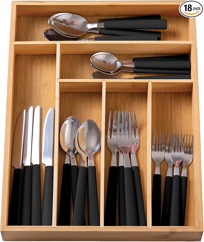 COOK WITH COLOR Bamboo Kitchen Utensil Set with Drawer Organizer | Cooking Tools and Storage Caddy, Black, 25 Piece Cutlery Set