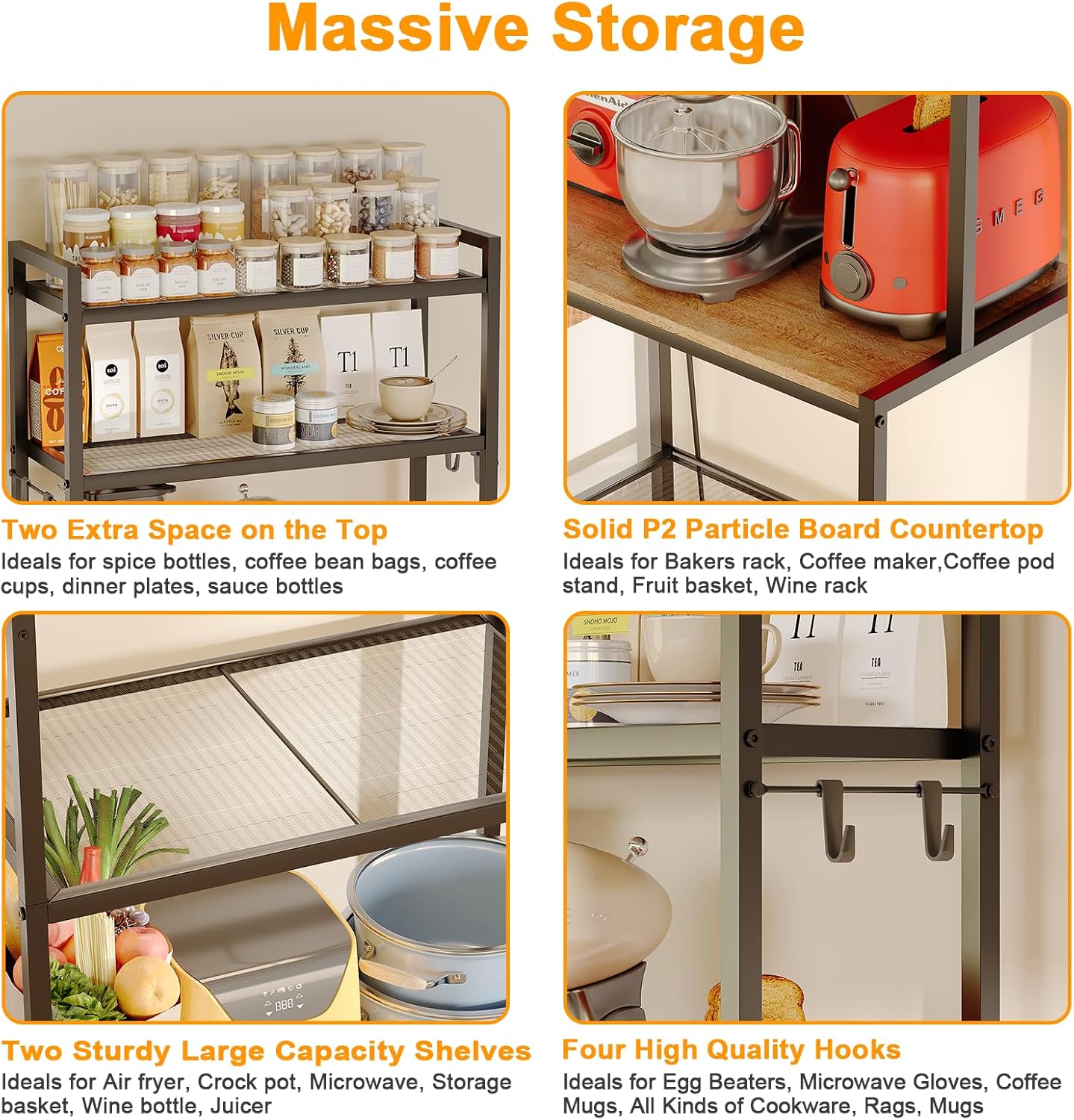 S1 Kitchen Bakers Rack with Power Outlet, Microwave Stand with Storage 5-Tiers, Freestanding Coffee Bar Table with 4 Hooks, Kitchen Storage Shelf 13" D x 22.9" W x 58.3" H, Rustic Brown