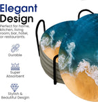 Ocean Coastal Theme Round Coasters Set of 6 - Abosrbent Ceramic Coasters with Metal Stand for Drinks, Beer, Coffee, Non-Slip Cork Back for Tabletop Protection, 4 Inches (Waves)