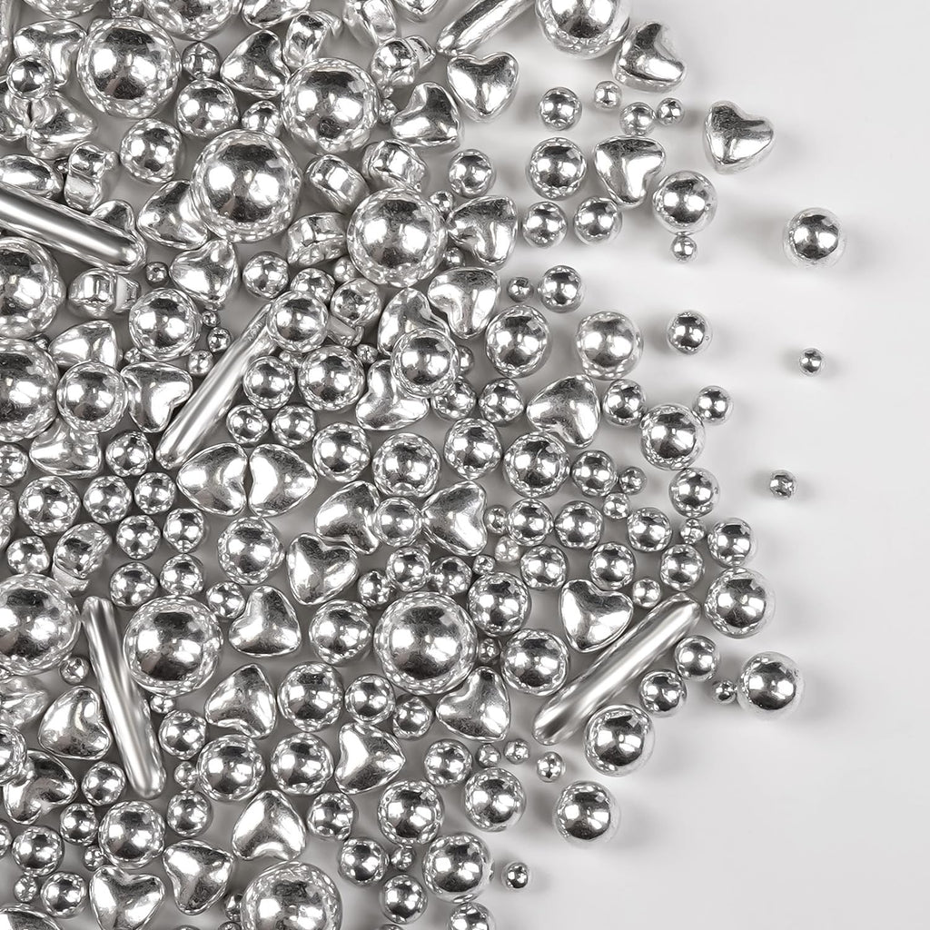 Silver Pearl Rods Heart Sprinkles, Baking Sugar, Silver Sprinkles for Cake, Mix Size, Cupcake Decoration, Holiday, Mother's Day, Wedding Party Supplies