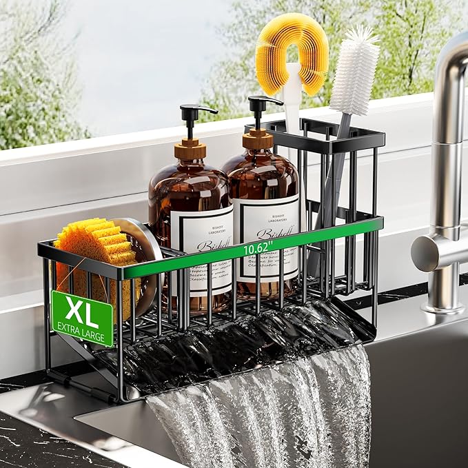 Cisily Extra Large Kitchen Sink Caddy Organzier with High Brush Holder, Sponge Holder for Sink, 304 Rustproof Stainless, Kitchen Countertop Soap Dispenser Organizer For Decor and Accessories