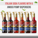 Jimoco Syrup Pump & Torani Syrup Bundle - Fruit Bowl Syrup 6 Pack Summer Flavors, Raspberry, Strawberry, Blackberry, Cherry, Orange and Peach - For Italian Soda Coffee, Lattes, Frappes With 6 Pump Dispensers
