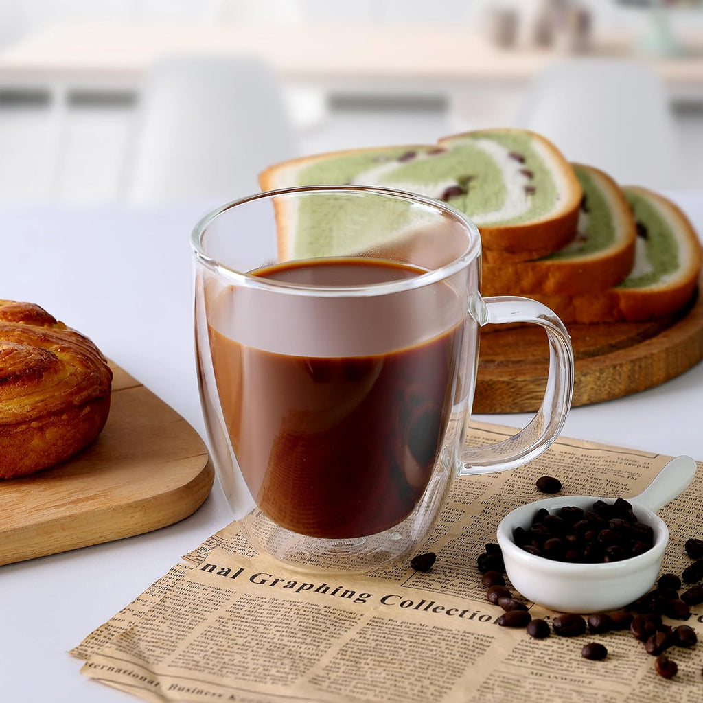 CNGLASS Large Glass Coffee Mugs 17oz,Double Walled Insulated Clear Coffee Cups with Handle,Clear Espresso Mugs for Cappuccino,Latte,Tea Bags,Hot and Cold Beverages,Set of 4