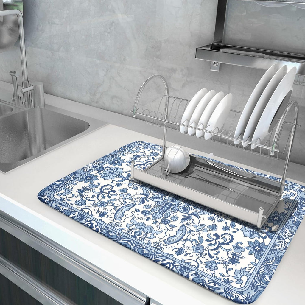 Chinoiserie Floral Dish Drying Mat for Kitchen Counter Blue and White Flowers Pattern Dish Drying Pad 16”x18”Absorbent Reversible Seasonal Decor Dishes Drainer Pad Dish Dry Rack Mat for Counter top