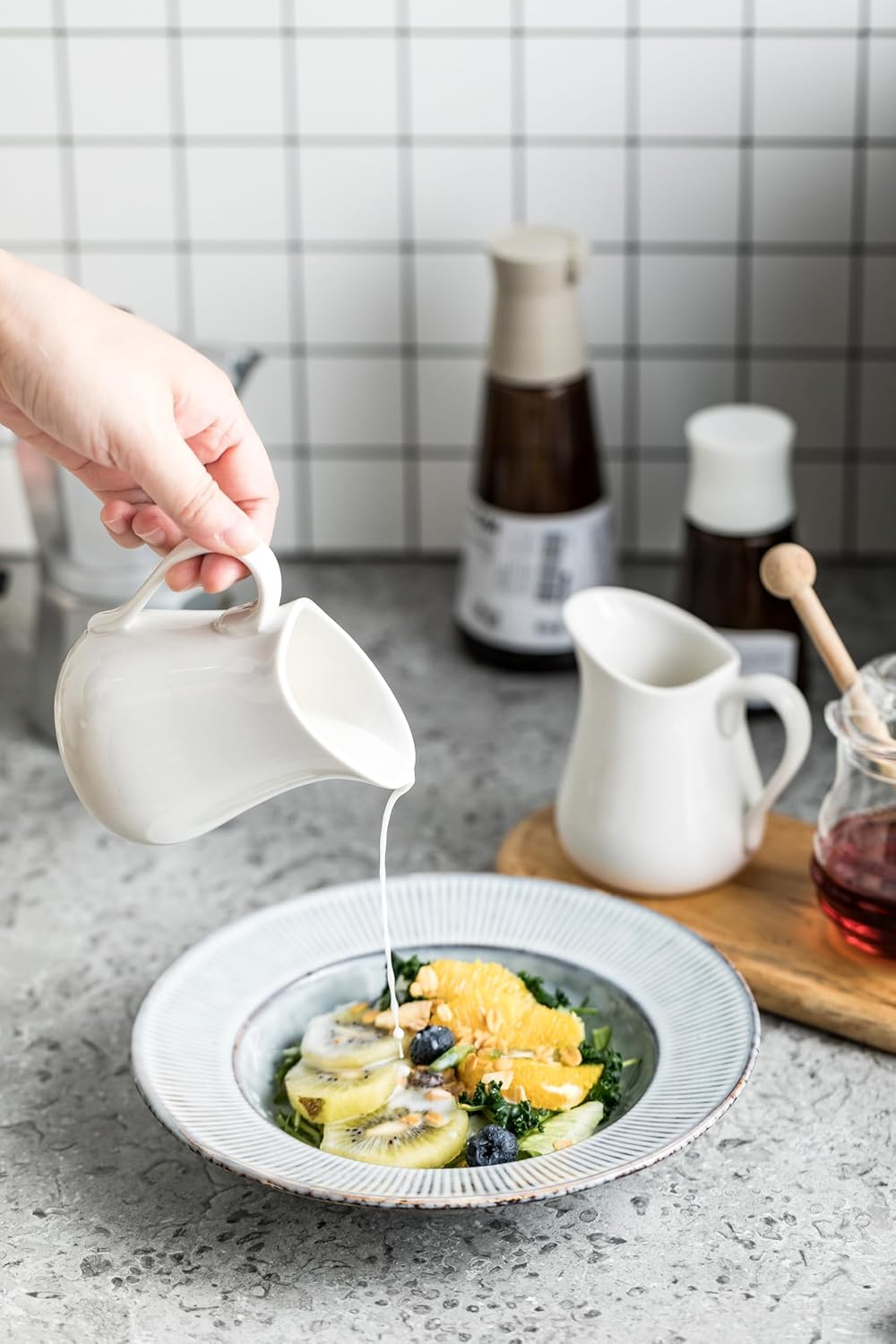 LYEOBOH 9 OZ Creamer Pitcher, Small White Creamer Pitcher for Coffee, Milk, Modern Kitchen Accessory - Ceramic