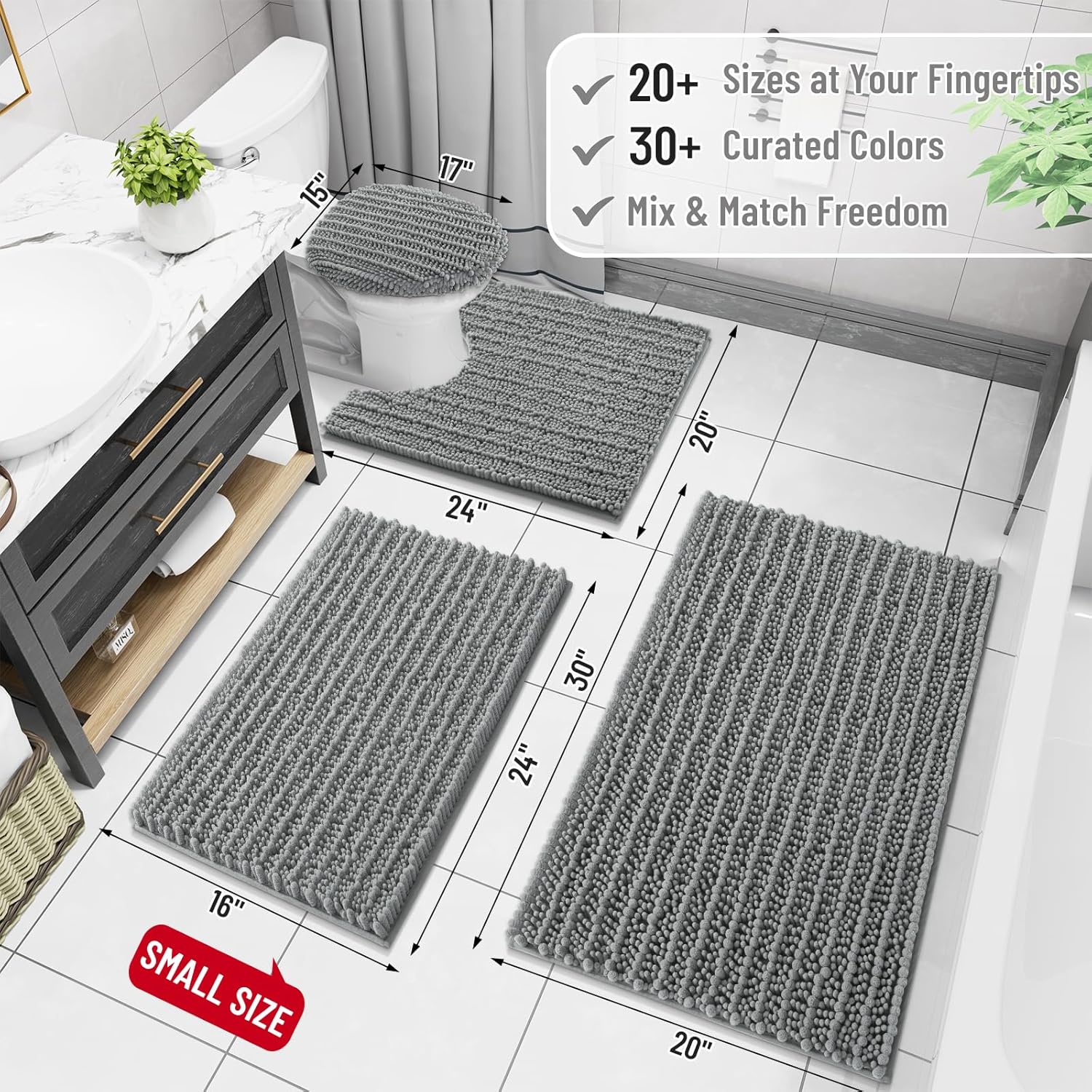 Arotive Luxury Chenille Bathroom Rug Mat, Extra Soft Thick Absorbent Shaggy Bath Rugs, Non-Slip Machine Wash Dry, Plush Bath Mats for Bathroom, Shower and Tub, 34x21, Grey