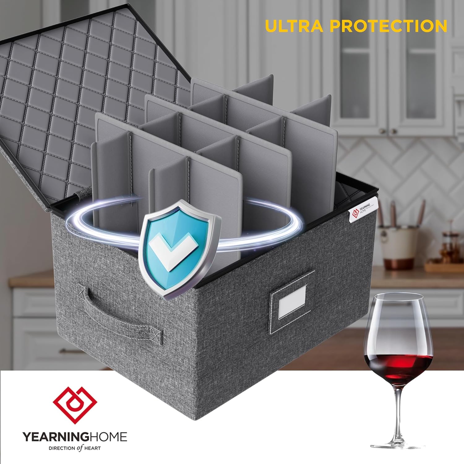 YearningHome Wine Glass Storage Box with Dividers,Hard Shell and Stackable Stemware Storage Containers with Sturdy Handle for Glassware Crystal Storage and Transport,Grey,Holds 12