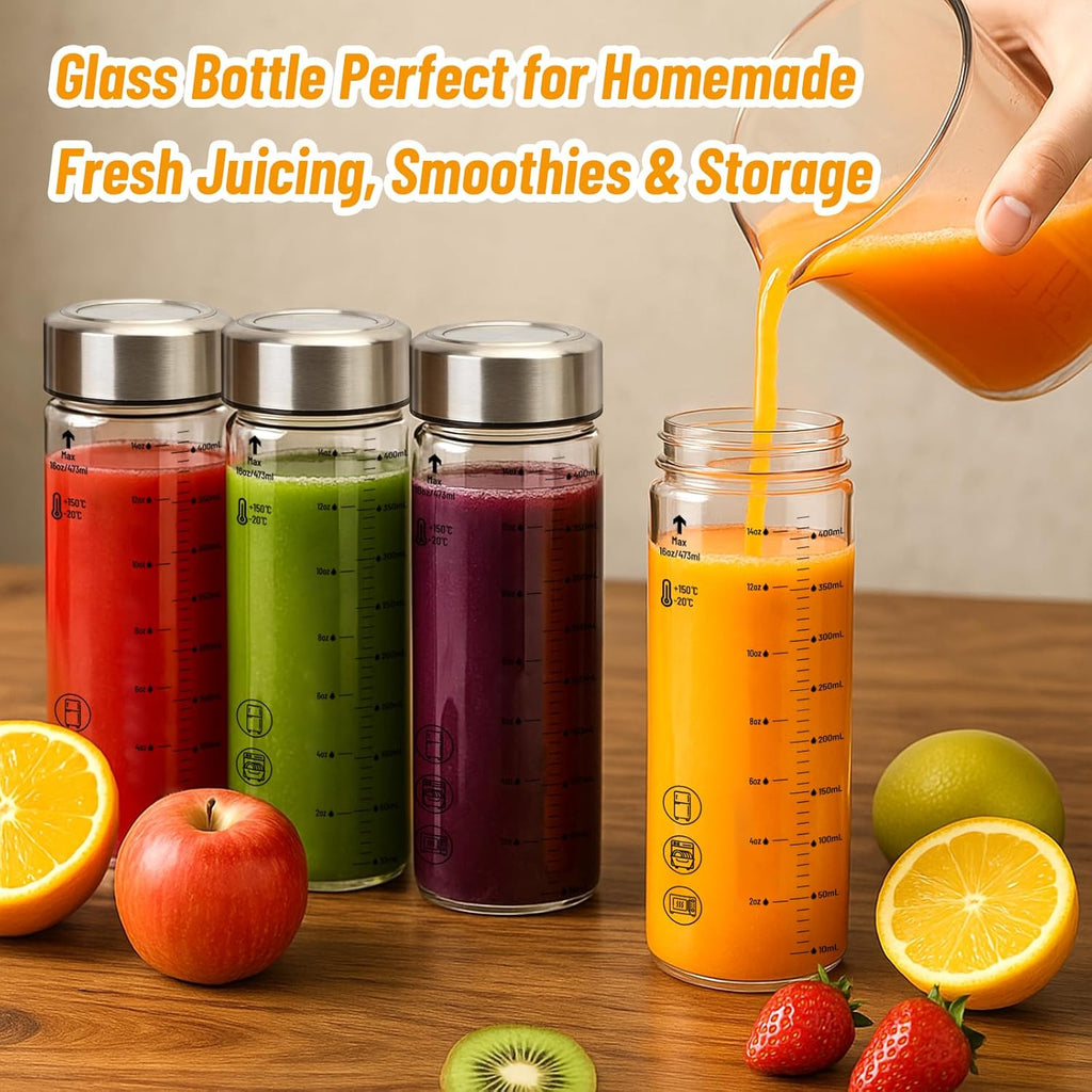 12oz Glass Water Bottles with Lids, 4 Pack Reusable Wide Mouth Juice Bottles with Stainless Steel Caps, Leakproof Borosilicate Glass for Juicing, Smoothies & Storage, BPA-Free,Dishwasher Safe