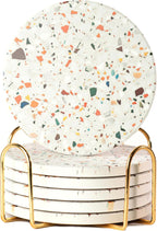 Terrazzo Drink Absorbent Coasters with Holder Set of 6, Ceramic Coaster for Drinks, Coffee Table Decor, Water Absorbing Stone Coaster for Drinks (Marble)