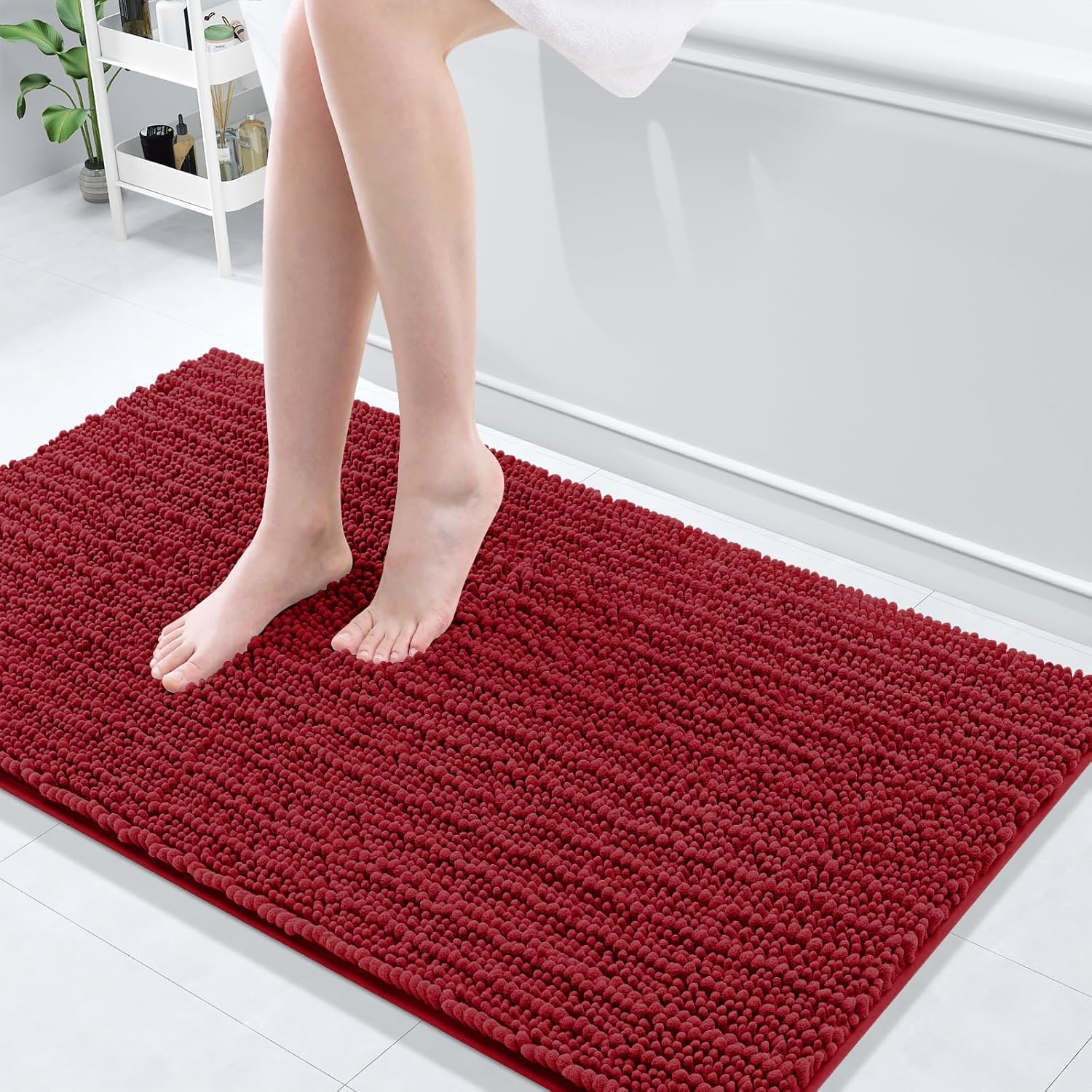 Arotive Luxury Chenille Bathroom Rug Mat, Extra Soft Thick Absorbent Shaggy Bath Rugs, Non-Slip Machine Wash Dry, Plush Bath Mats for Bathroom, Shower and Tub, 47x24, Red