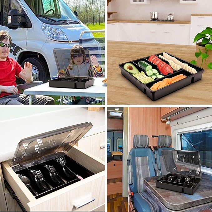Silverware Tray with Lid, Utensil Drawer Organizer for Kitchen Countertop Plastic Flatware Organizers and Storage holder 5 Compartments Black
