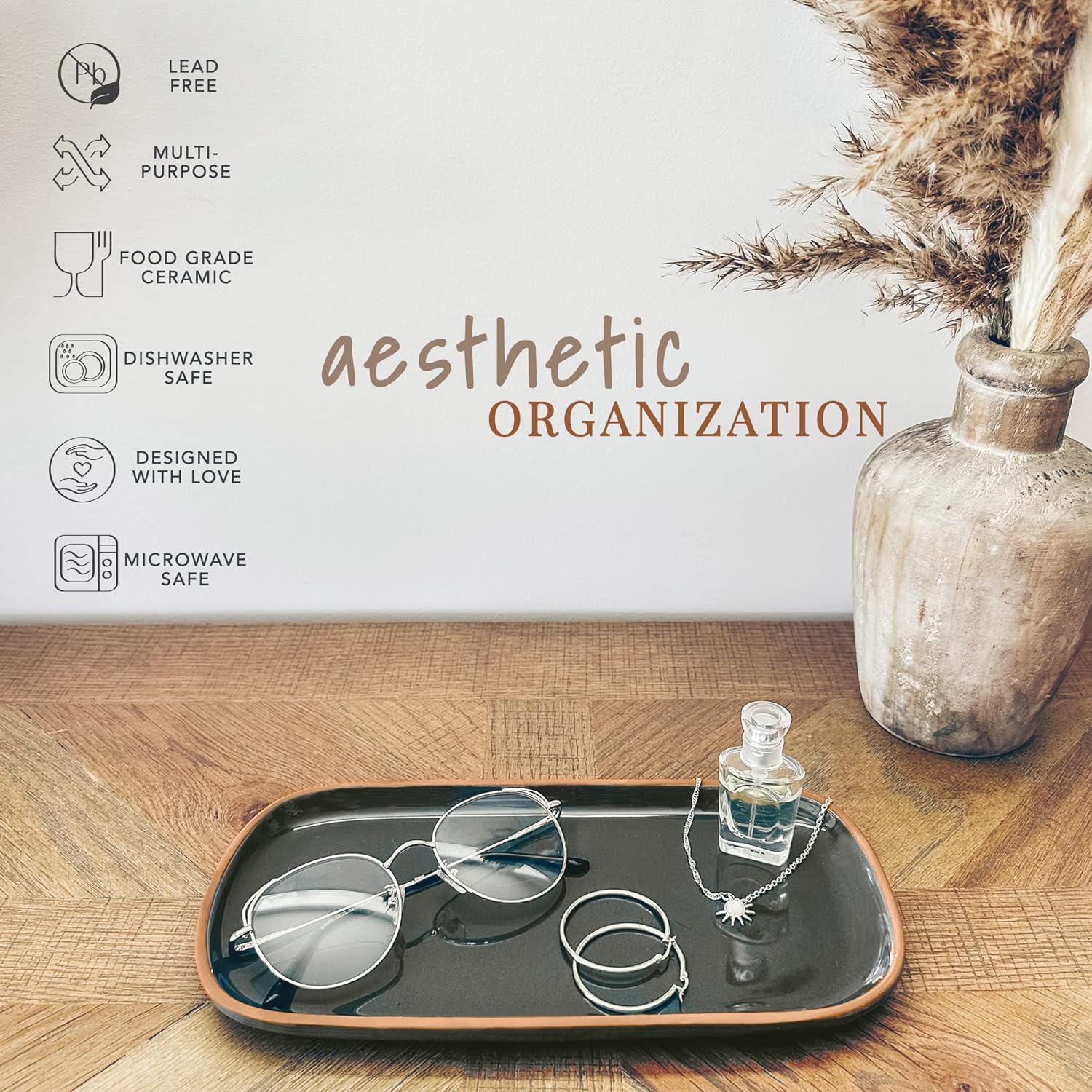 Mora Ceramic Decorative Tray - Rectangle 10in Dish for Jewelry, Soap Dispenser, Perfume, Makeup, Accessories, Candle, in The Bathroom Vanity, Bedside, or Kitchen Counter. Cute Organizers - Black