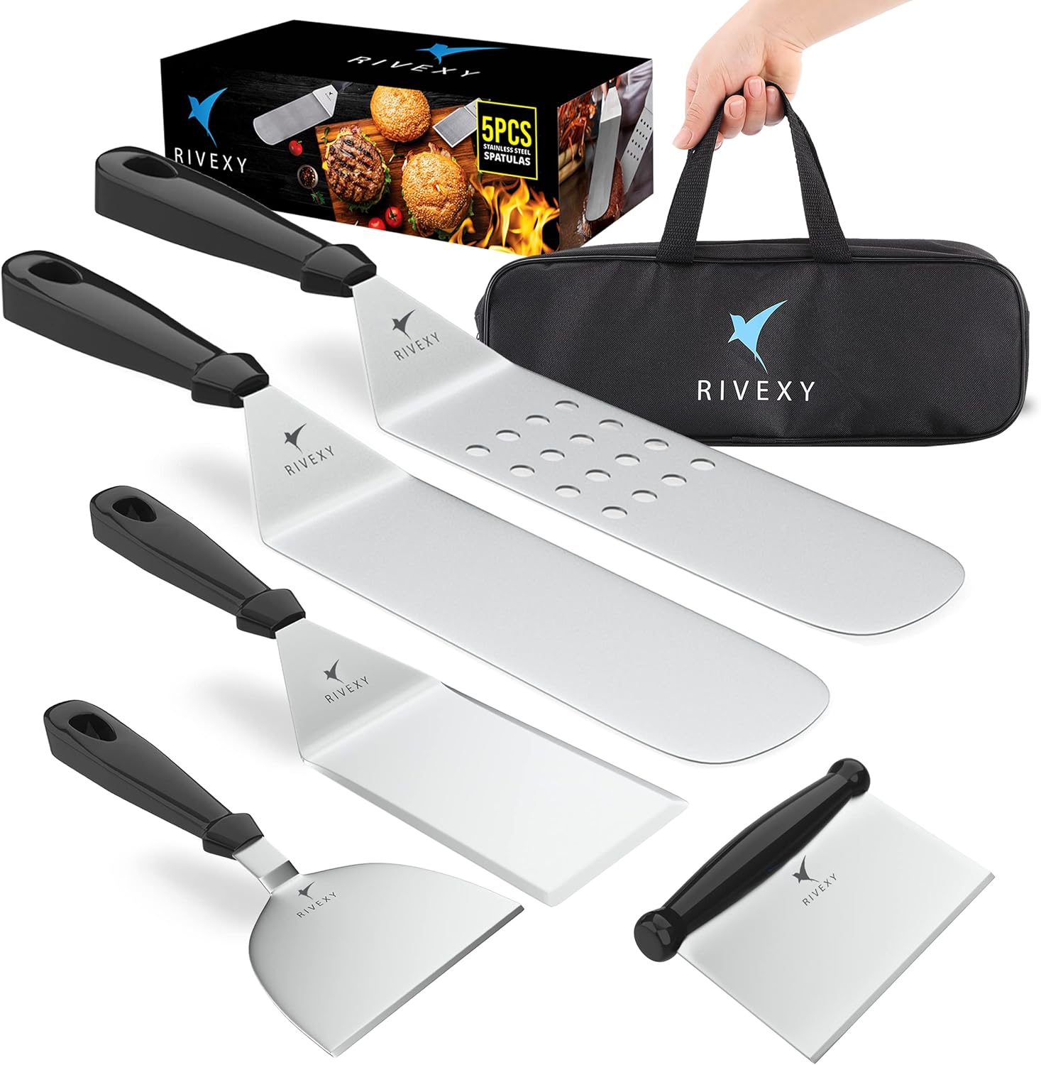 5-PCS Premium Griddle Accessories Kit, Ultimate Stainless Steel Flat Top Grill Accessories for Blackstone BBQ, Teppanyaki, Hibachi – Durable Griddle Spatula, Ideal for Outdoor & Camping