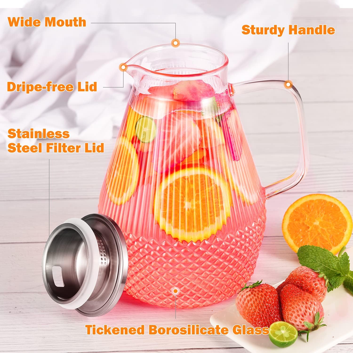 Glass Pitcher with Lid and Spout, veecom 80oz Water Pitchers for Drinks, Large Glass Jug for Juice, Lemonade, Beverage, Iced Tea Pitcher for Fridge, Heat Resistant Water Carafe with Brush