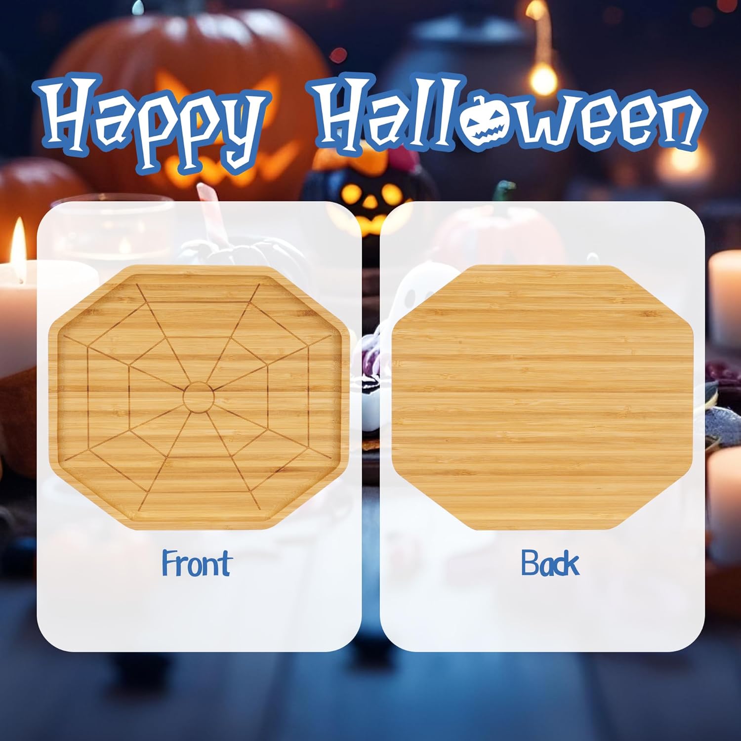 TJ POP Halloween Bamboo Serving Tray - Octagon Spider Web Design Snack Dessert Platter for Candy, Cheese, Natural Wood Appetizer Tray Charcuterie Board for Party, Home Decor & Food Display (10” x 9”)