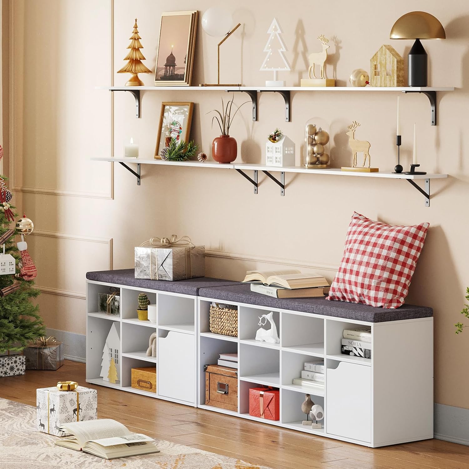 DINZI LVJ Long Wall Shelves, 47.3Inch Wall Mounted Shelves Set of 2, Extra Large Floating Storage Ledges with Sturdy Metal Brackets for Living Room, Bathroom, Bedroom, Kitchen, White