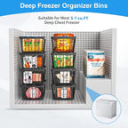 Freezer Organizers bins with Folding Handles，4 Pack Stackable Upright Freezer Organizers baskets for 5-7 Cu.Ft Deep Freezer Storage, Increased Space for Food Storage, Easy to access，Black