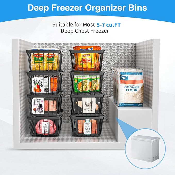 Freezer Organizers bins with Folding Handles，4 Pack Stackable Upright Freezer Organizers baskets for 5-7 Cu.Ft Deep Freezer Storage, Increased Space for Food Storage, Easy to access，Black