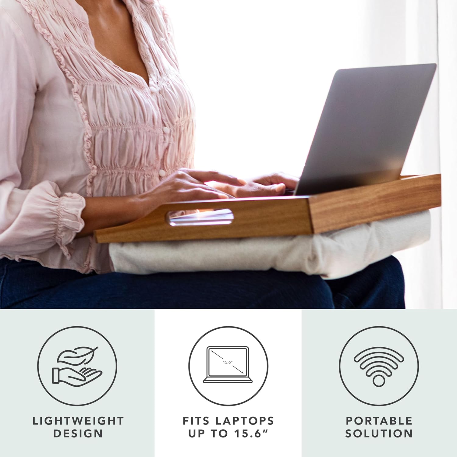 ROSSIE HOME Acacia Wood Bed Tray, Lap Desk with Detachable Cushion, Serving Tray - Natural - Fits up to 15.6 Inch Laptops - Style No. 76106