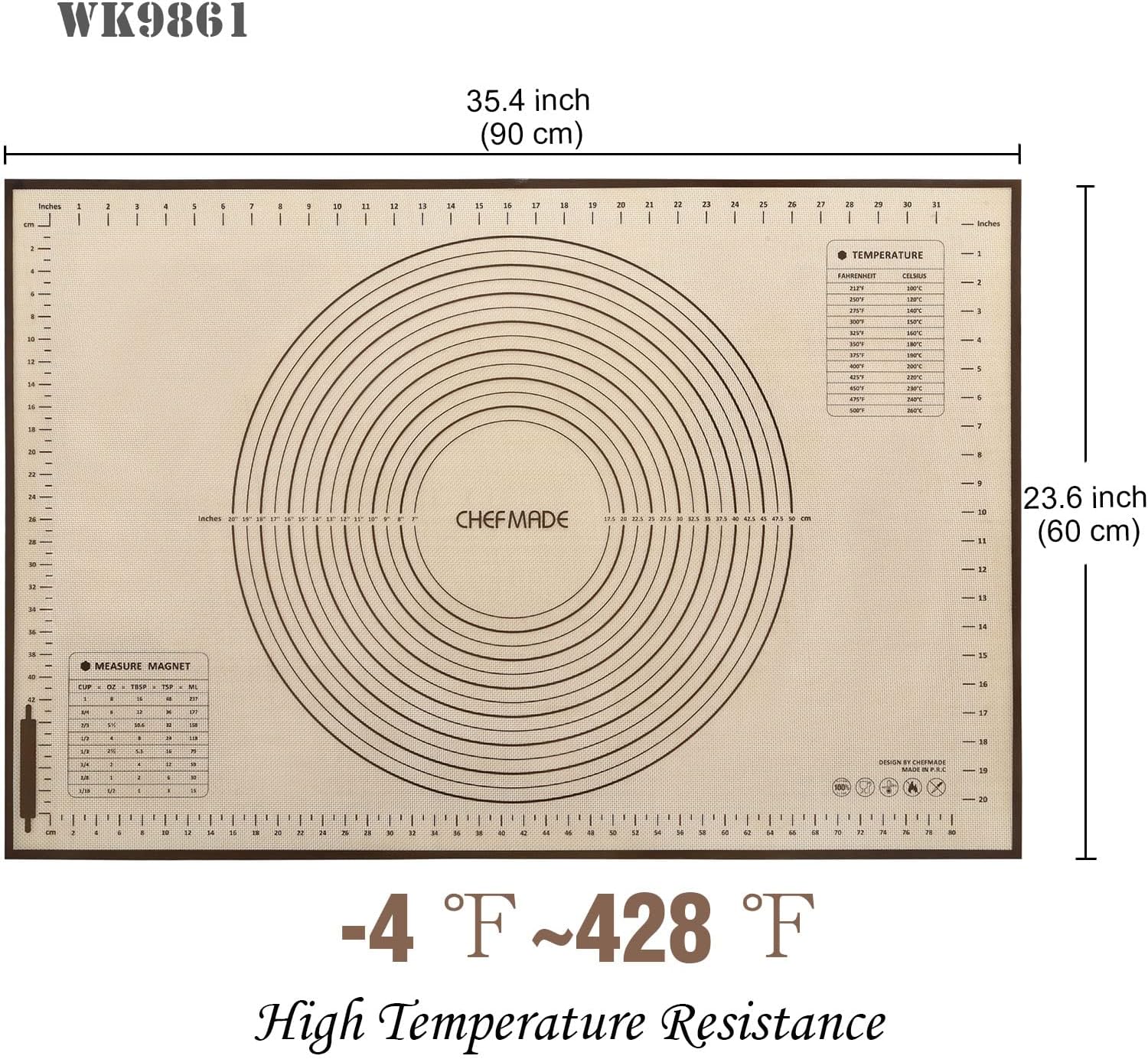 CHEFMADE Silicone Baking Mat, 36" x 24" Extra Thick Large Non-Stick Sheet Mat with Measurement | Non-Slip Reusable Food Grade Flexible Dishwasher Safe｜Making,Cookies,Macarons,Bread,Pastry and Pizza