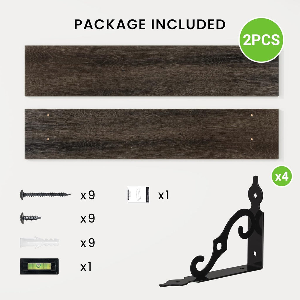 RICHFOCUS Floating Shelves for Wall Decor, 39.4W x 8D Wall Shelves Set of 2, 8 Inch Deep Rustic Wood Shelves Wall Mounted with Brackets, Long Floating Shelves for Living Room Bedroom Kitchen, Black