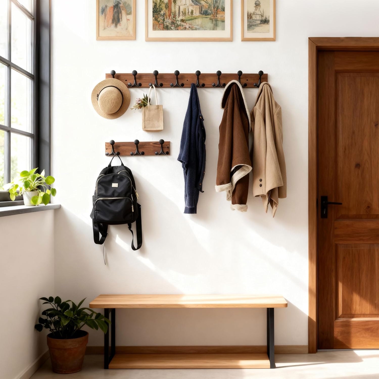 SKOLOO 17-Inch Wood Coat Rack Wall Mount with 3 Triple Hooks - Ideal for Family Entrances, Classrooms, and Pet Supplies Storage - Perfect Coat Hooks for Wall,Charred Golden Brown