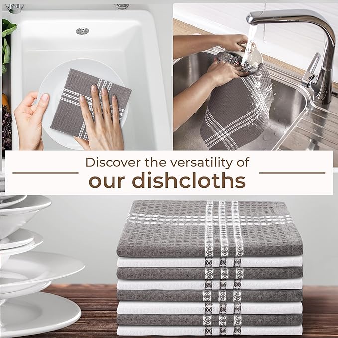 Urban Villa Cotton Dish Cloth Set of 8, Waffle Kitchen Cloth 12x12 Inch Highly Absorbent Soft Dish Cloths for Kitchen Cleaning & Drying Dishes Mitered Corner Dish Towels - Grey White, Checks