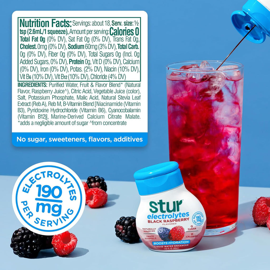 Stur Electrolyte Water Enhancer | Sweetened with Stevia | High in Vitamin C & Antioxidants | Sugar Free | Zero Calories | Keto | Vegan | 5 Bottles, Makes 90 Drinks (Black Raspberry)