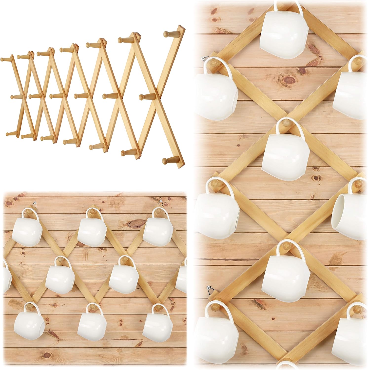 Dseap Accordian Wall Hanger: 16” High Wooden Wall Expandable Coat Rack, Hat Rack Holder, Accordion Hook for Baseball Caps, Coats, Mugs, 20 Peg Hooks, Natural