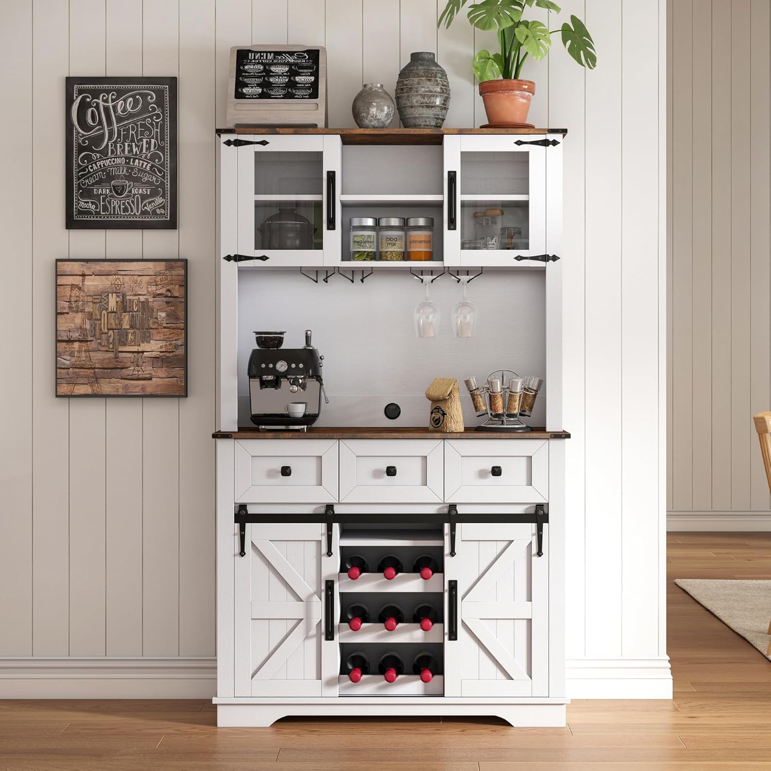 Coffee Bar Cabinet with Sliding Barn Doors 71'' Farmhouse White Pantry Cabinet with Drawers & Wine Glass Rack Rustic Buffet Cabinet for Kitchen, Brown