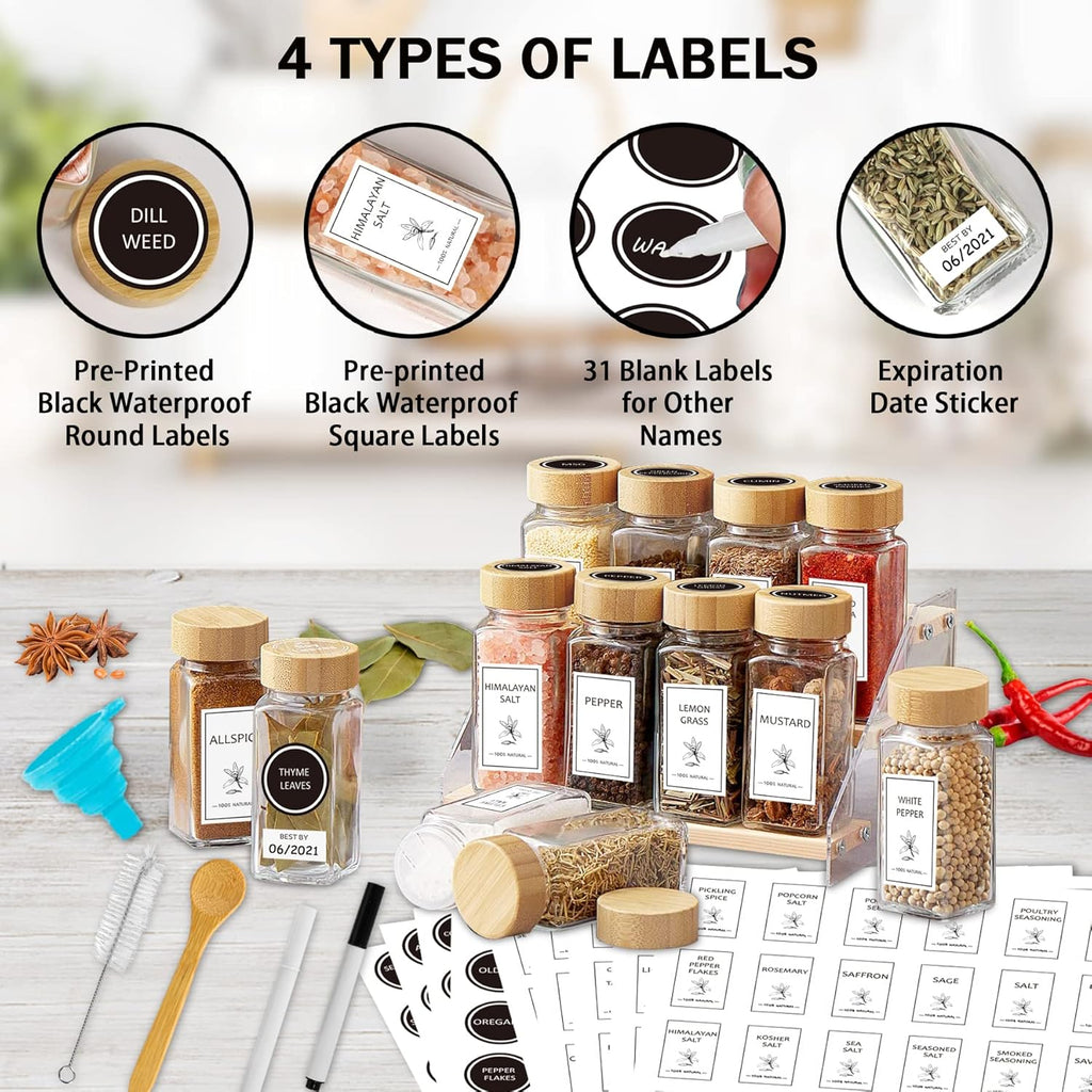 Aliggbent Spice Jars with Lable, 48 Pcs 4 oz Glass Spice Jars with Bamboo Lids, Spice Containers Bottles, Glass Seasoning Jars with Shaker Lids, Collapsible Funnel, for Spice Racks, Pantry,Cupboard
