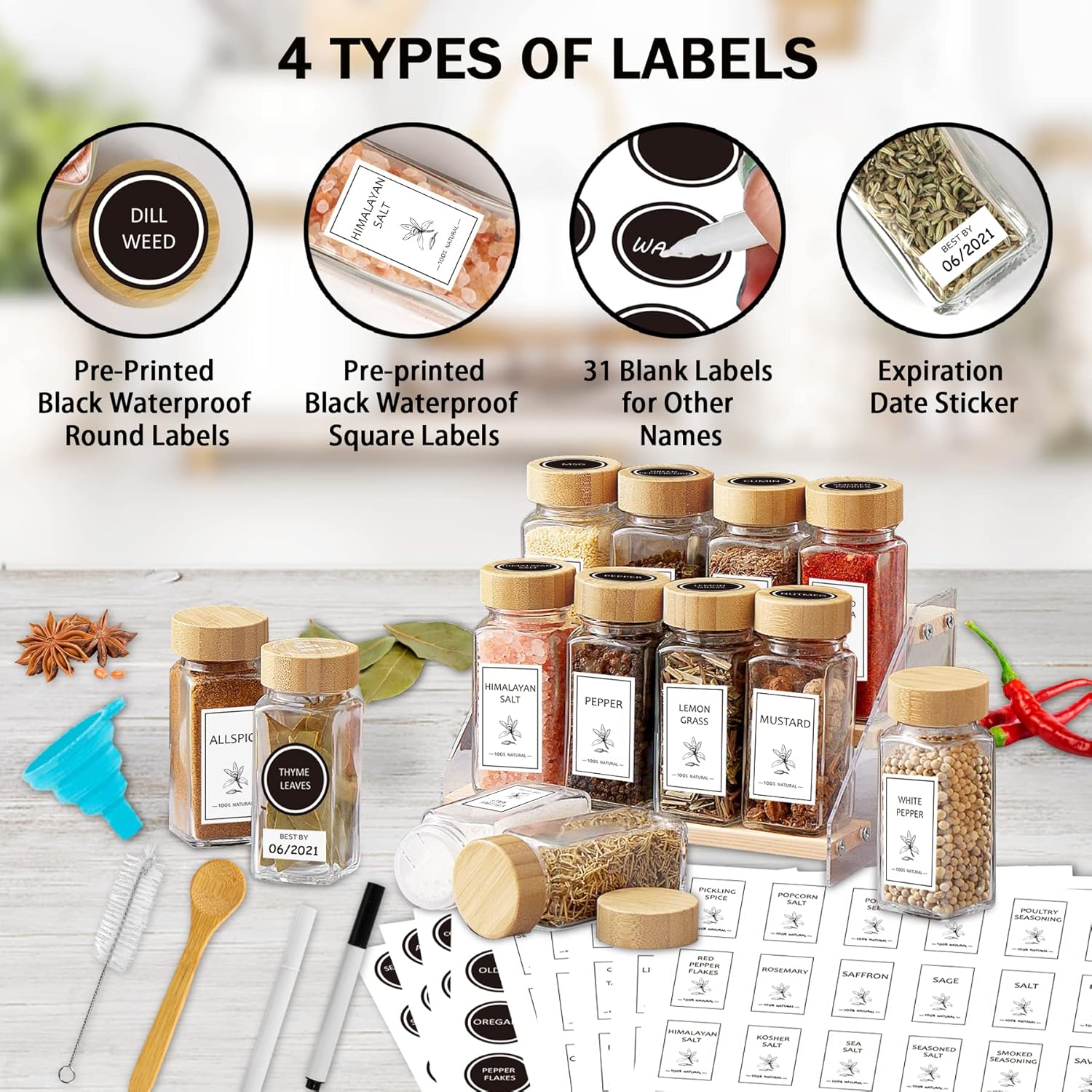 Aliggbent Spice Jars with Lable, 48 Pcs 4 oz Glass Spice Jars with Bamboo Lids, Spice Containers Bottles, Glass Seasoning Jars with Shaker Lids, Collapsible Funnel, for Spice Racks, Pantry,Cupboard