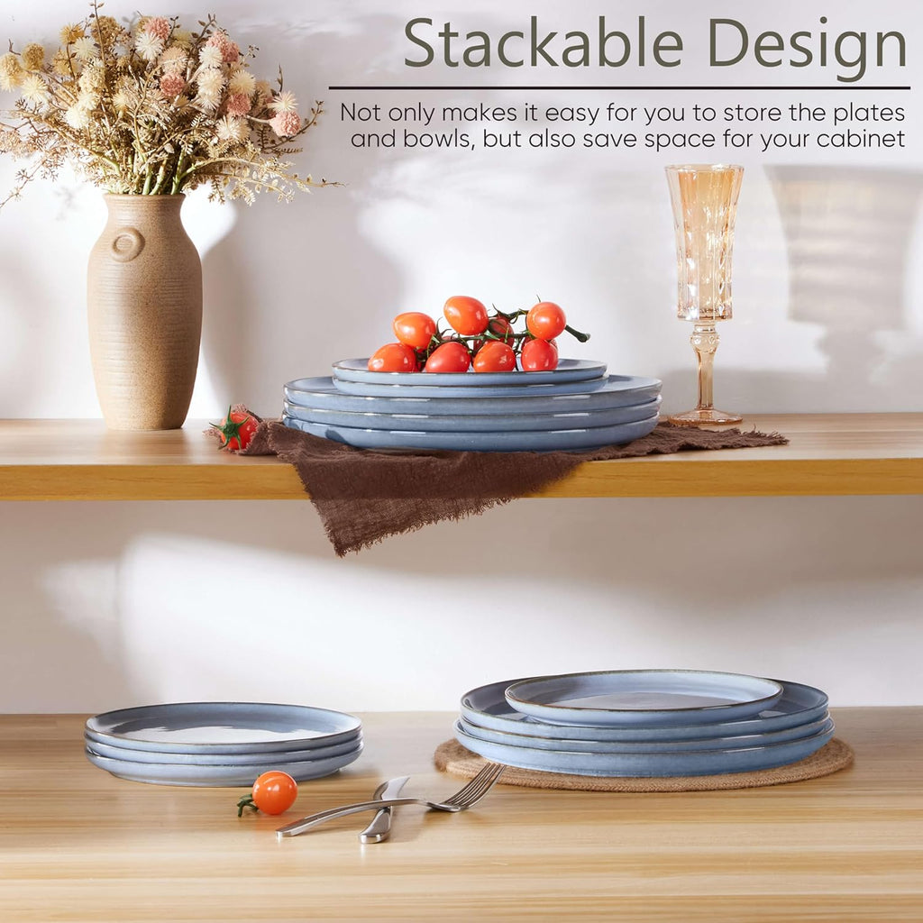 Herogo 6-Piece Stoneware Dinner Plates Set, 10.43" Ceramic Round Plate Set, Handmade Double Reactive Glaze Dinnerware Plates for Kitchen, Microwave, Oven and Dishwasher Safe, Haze Blue