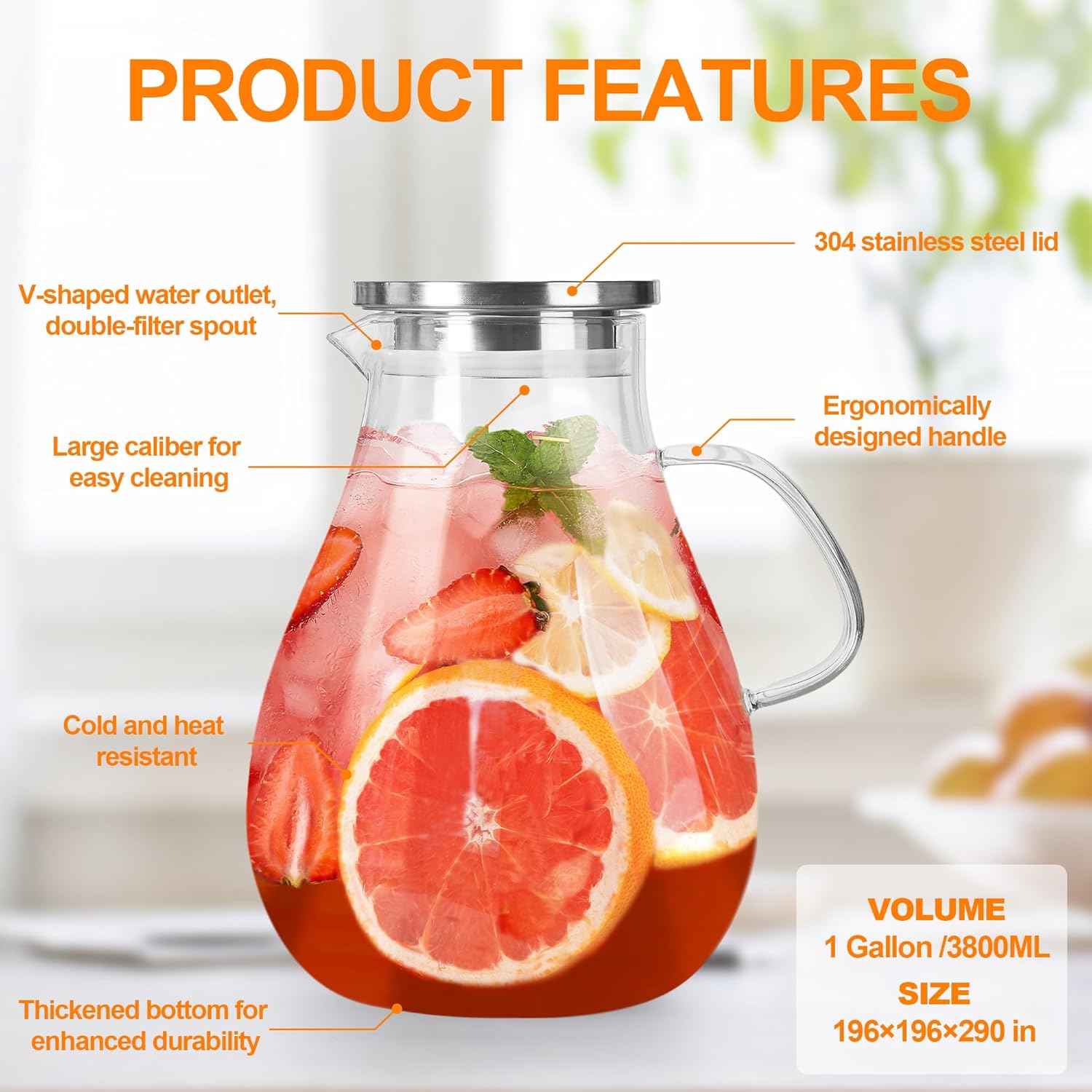 Glass Pitcher with Lid,1 Gallon Glass Water Pitcher Hot/Cold Water Jug, Juice and Iced Tea Beverage Carafe with Lid (Extra-Wide Mouth)