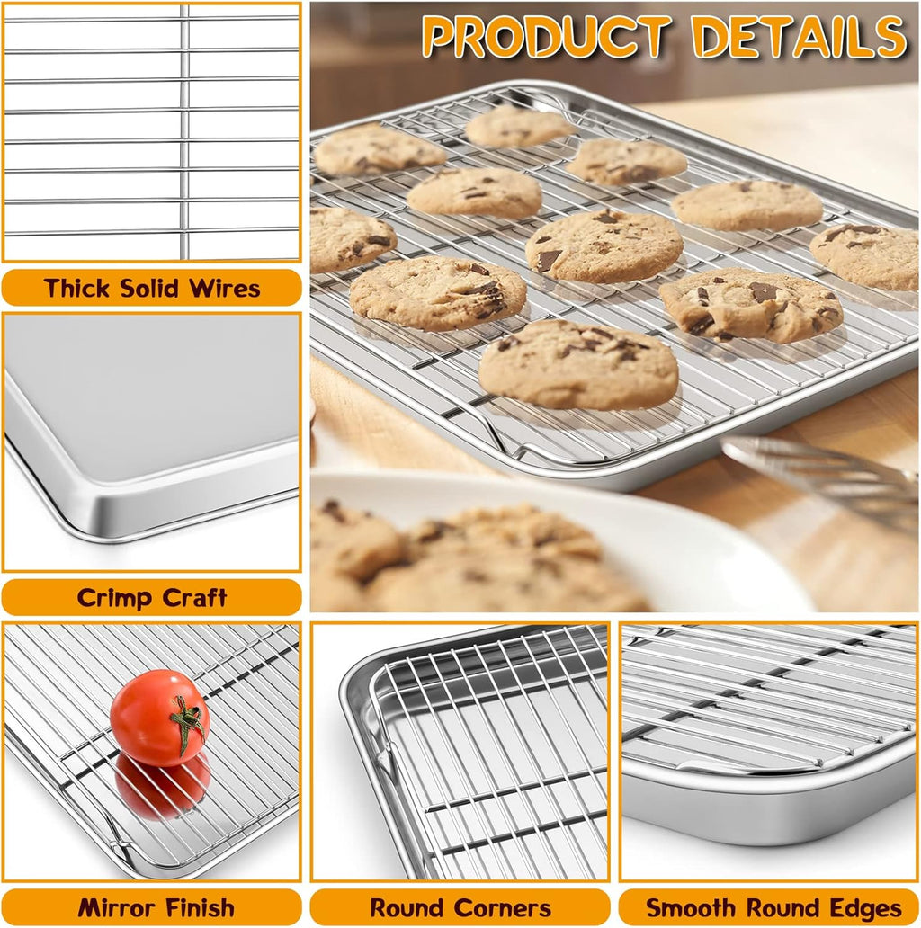 P&P CHEF 17.5 Inch Stainless Steel Baking Sheet with Rack Set (2 Pans+ 2 Racks), Cookie Sheets Baking Trays and Cooling Wire Racks, Oven & Dishwasher Safe, Pans with Flat Racks