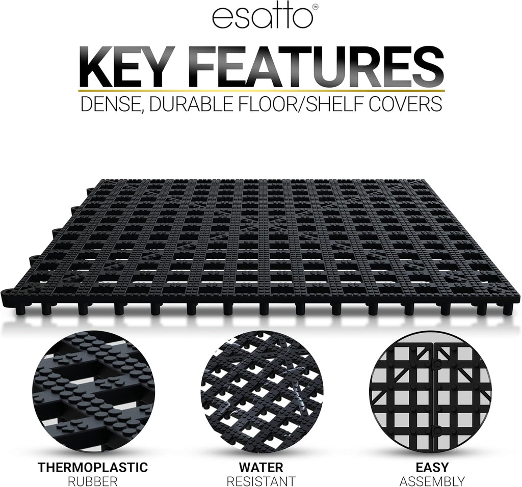 Esatto 6 Pack Interlocking Shelf Mats 12″, Black – for Spills, Clean Bars, Stain Protection, and an Anti-Slip Surface