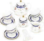 fanquare Bone China Tea Sets for Adults, 21-Piece Blue Lace and Roses Porcelain Tea Service with Sugar Bowl & Creamer, English Cremic Floral Teacups Set of 6 for Women Tea Party