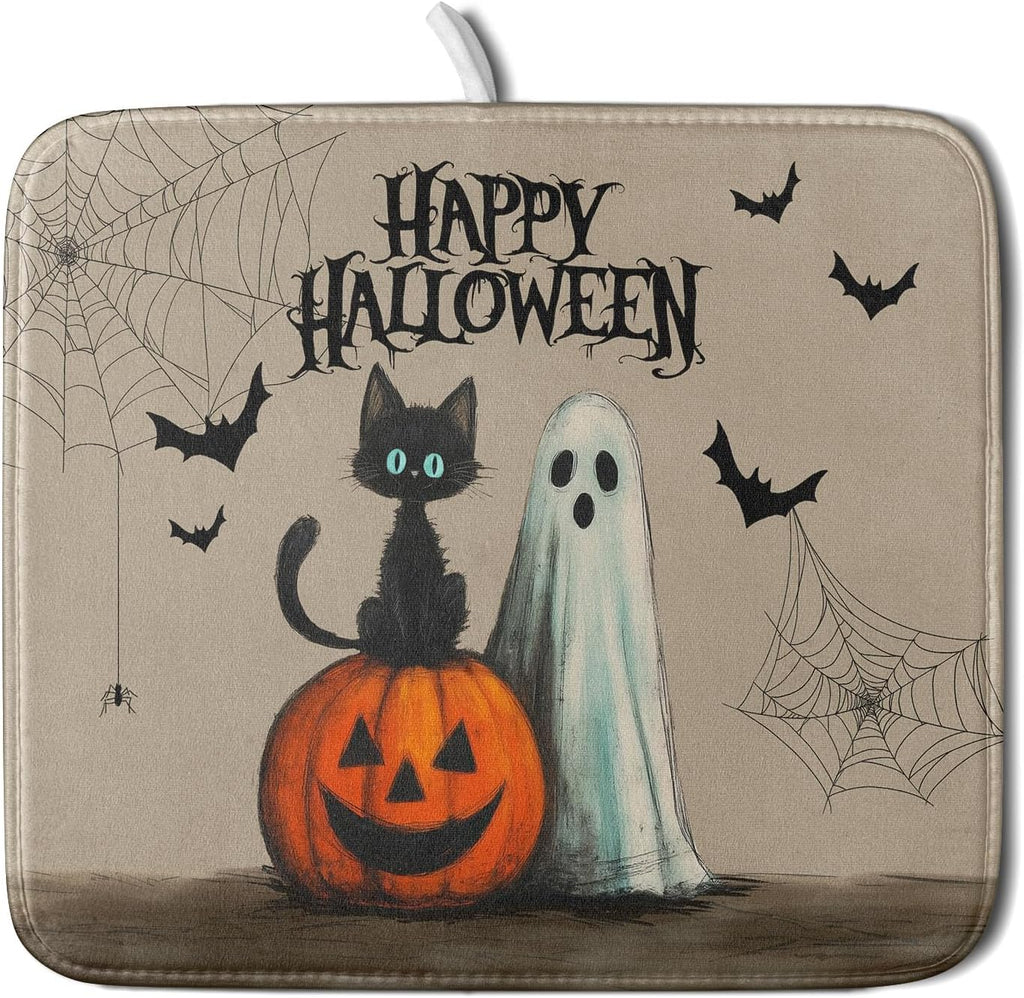 Happy Halloween Black Cat Ghost Dish Drying Mat for Kitchen Counter,Halloween Pumpkin Spiderweb Bat Drying Mat 16 x 18 Inch with High Absorbent Microfiber Drainer Mat for Coffee Bar