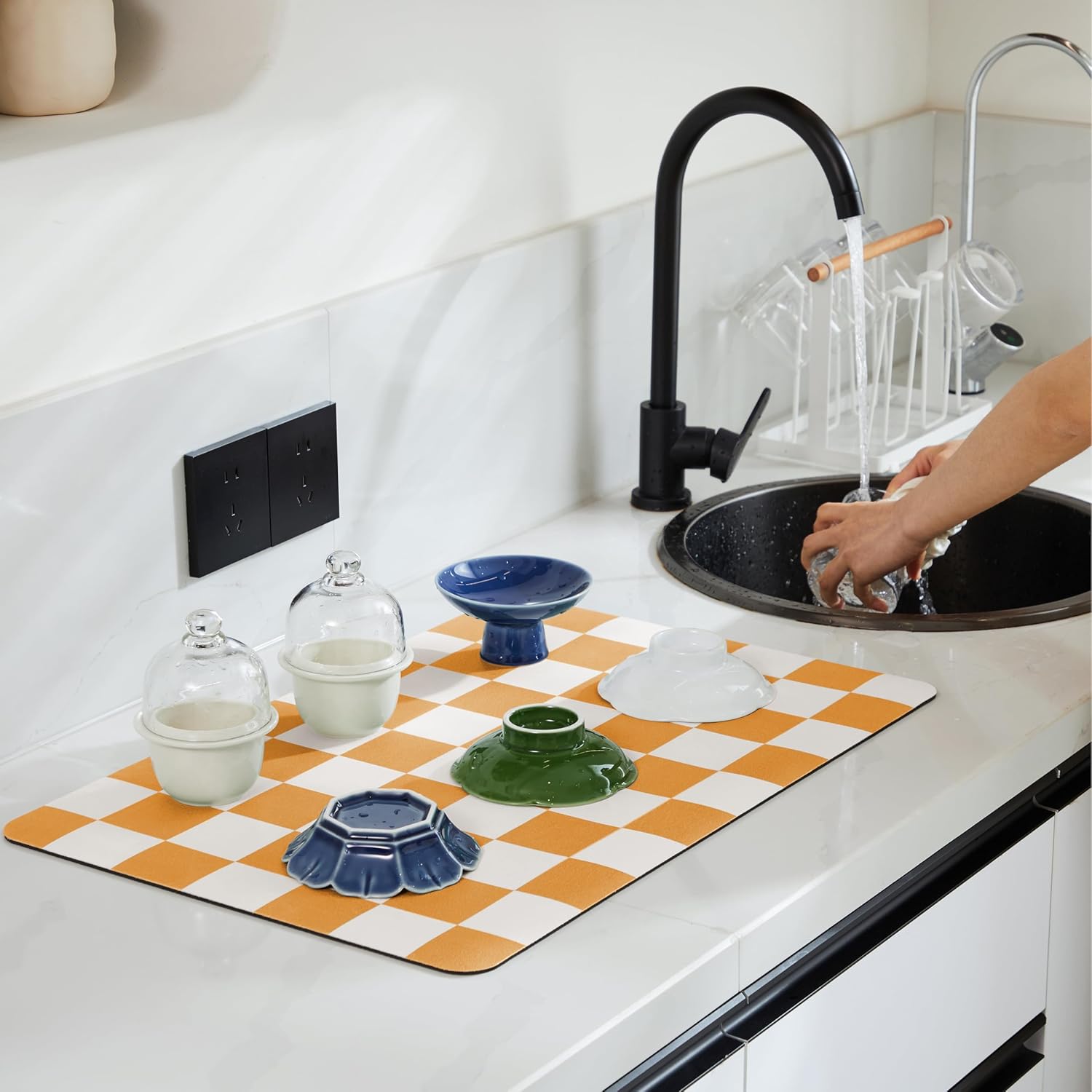 Checkered Dish Drying Mat for Kitchen Counter, Coffee Bar Station Accessories, Retro Cute Fall Aesthetic Modern Absorbent Drainer Mat Kitchen Drying Mat Easy Clean, Orange 12" x 19"