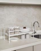 Nxconsu Cabinet Shelf Expandable Height Adjustable Shelf Organizer Riser for Kitchen Cabinet Pantry Cupboard Under Sink Countertop Organization Storage Space Saver Stackable Heavy Duty Metal White XL